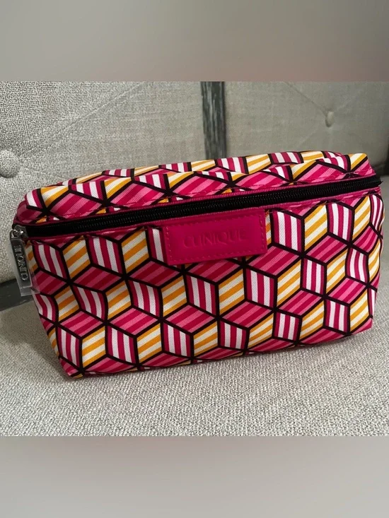 Clinique Hot Pink Geometric Cosmetic Pouch with Yellow Accents - Picture 1 of 4